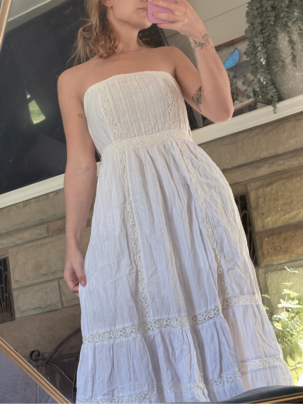 LoveShackFancy Strapless Pale Blue & White Pinstripe midi Dress with Lace Trim